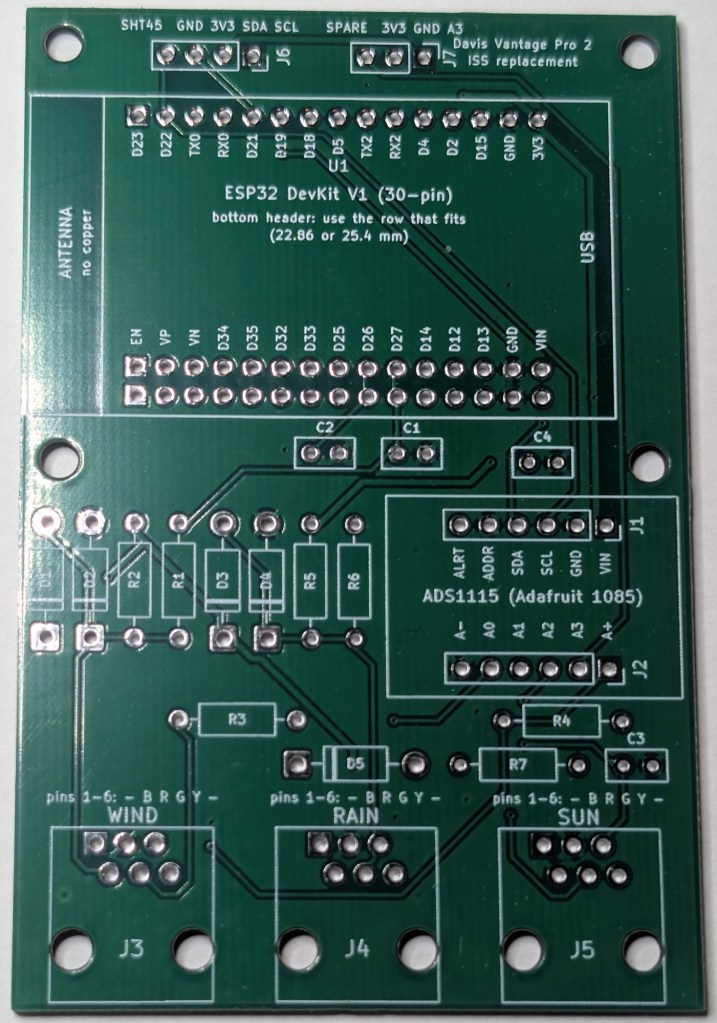 Bare carrier PCB v0.1, top side: ESP32 DevKit footprint, ADS1115 sockets, resistor and diode positions, and three RJ11 jacks labelled WIND, RAIN and SUN